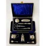 CASED SILVER CRUET SET & CASED SILVER MANICURE SET