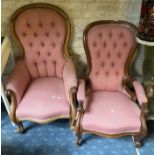 VICTORIAN HIS & HERS ARMCHAIRS - A/F