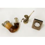 SILVER CASED TRAVEL CLOCK BY R.CARR INSCRIBED WITH AN EARLY KORN PIPE & PIPE DEPICTING A DRAGON