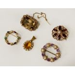 FIVE 9CT GOLD BROOCHES WITH GEMSTONES - APPROX 19 GRAMS APPROX