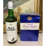 SEAGRAM CROWN ROYAL CANADIAN WHISKEY & 1 BOTTLE OF BLACK & WHITE WHISKEY