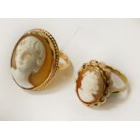TWO LADIES CAMEO RINGS IN 9CT GOLD 8 GRAMS APPROX SIZES I & I/J