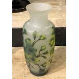 FRENCH GLASS FLORAL VASE - SIGNED A/F -CHIP TO LIP - 28 CMS (H) APPROX