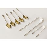 5 HM SILVER APOSTLE SPOONS & 2 HM SILVER SUGAR TONGS 3OZS APPROX