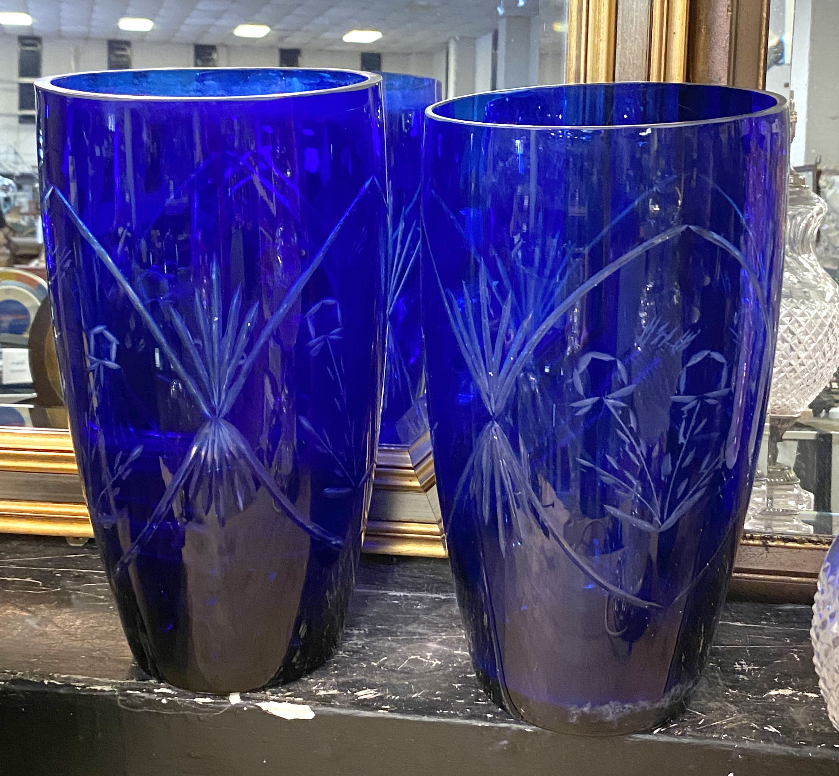PAIR OF LARGE BLUE COBALT BLUE ETCHED GLASS VASES 38CMS (H) APPROX