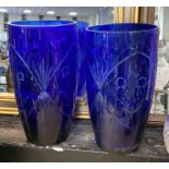 PAIR OF LARGE BLUE COBALT BLUE ETCHED GLASS VASES 38CMS (H) APPROX