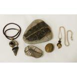 QTY OF FOSSILS TO INCLUDE SHARK TOOTH PENDANT