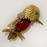 18CT GOLD CARNELIAN & DIAMOND BIRD DESIGN BROOCH 13.5 GRAMS APPROX