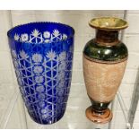 DOULTON LAMBETH VASE WITH COBALT BLUE ETCHED GLASS VASE - 26CMS (H) APPROX & 28.5 CMS (H)