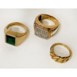 TWO 9 CT. GOLD RINGS & ONE 10 CT. GOLD RING - 26.3 GRAMS APPROX IN TOTAL