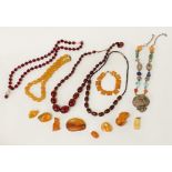 QTY OF BEADED NECKLACES TO INCLUDE AMBER