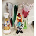 3 GLASS VASES WITH A MURANO STYLE GLASS CLOWN A/F HAS REPAIR TO THE HANDS