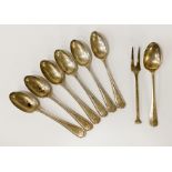 7 SILVER TEASPOONS & A SILVER CAKE FORK - APPROX 0.5 CARAT DIAMOND