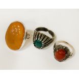 BUTTERSCOTCH AMBER RING WITH TWO SILVER GEMSTONE RINGS - SIZES M & P