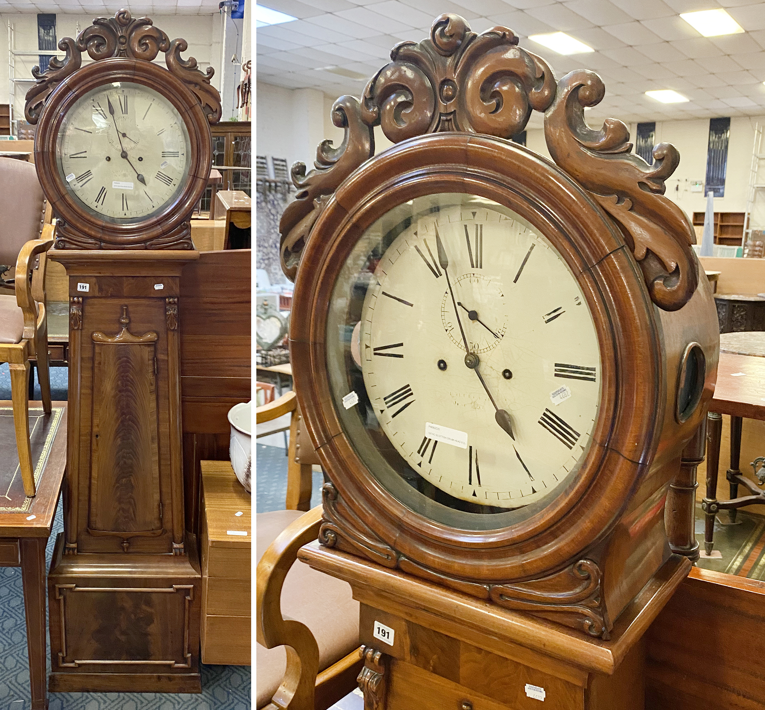 19THC SCOTTISH DRUM HEAD 8 DAY LONGCASE CLOCK