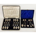 TWO CASED HM SILVER SETS OF SPOONS & TONGS - 10 OZS APPROX