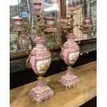 PAIR OF BRONZE & PORCELAIN PINK CANDELABRAS 48CMS (H) APPROX