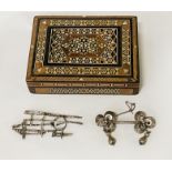 MICRO MOSAIC MORROCAN STYLE WOODEN JEWELLERY BOX & 2 SILVER BROOCHES (WHITE METAL)