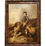 WILLIAM WALKER MORRIS (FL 1850-1867) OIL ON CANVAS OF YOUNG BOY WITH HIS DOG & GAME - SIGNED 46CM