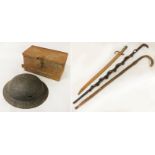 QTY OF SILVER MILITARIA TO INCLUDE SWORD STICKS, HAT & AMMO BOX