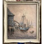 OIL ON CANVAS BY FLORENCE - FISHING BOATS AT DOCK - FRAMED