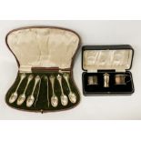 HM SILVER BOXED CONDIMENT SET WITH A HM SILVER SPOON & TONG SET - 7 OZS APPROX