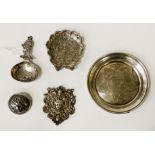 INTERESTING ITEMS LOT INCLUDES SILVER TRAY, BROOCH, GERMAN TEA CADDY, SPOON & PIN TRAY