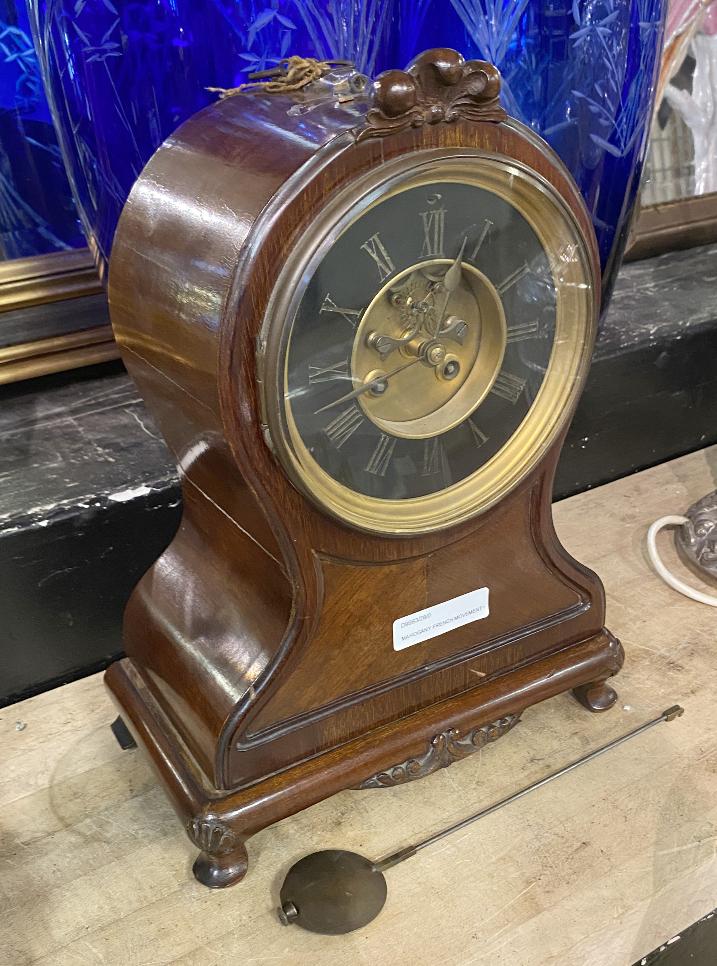 MAHOGANY FRENCH MOVEMENT CLOCK 34CMS (H) APPROX A/F
