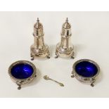 2 SILVER SALTS & SILVER SAUCE POTS (CHECK MARKS FOR FURTHER INFO) - 16 IMPERIAL OZS APPROX
