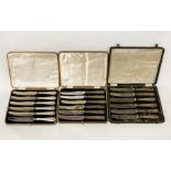 THREE CASED SETS OF HM SILVER HANDLED KNIVES