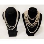 FOUR PEARL NECKLACES - 1 SILVER CLASP