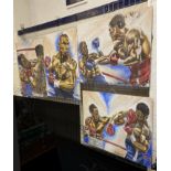 FOUR BOXING PICTURES PLASTER ON BOARD - MIKE TYSON, LENNOX LEWIS ETC - 95.5CMS (H) X 118CMS (W)