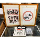 TWO FRAMED BANKSY POSTERS - TOTE BAG & BOOK FROM THE CUT & RUN EXHIBITION IN GOMA WITH ENTRY