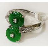 18CT WHITE GOLD JADE & DIAMOND RING SIZE K 4.9 GRAMS APPROX