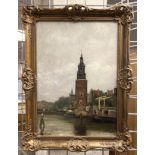 OIL ON CANVAS - MONTELBAANSTOWER - AMSTERDAM SIGNED 47CMS (H) X 33CMS (W) INNER FRAME