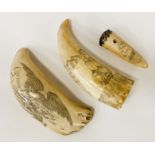 2 UNSIGNED SCRIMSHAW TUSKS WITH A SMALLER SCRIMSHAW TUSK INRO WITH SILVER TOP & CABOUCHON AMETHYST