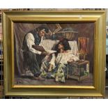 GILT FRAMED OIL ON BOARD - A COUPLE READING A BOOK 20'' X 16'' TO FRAME