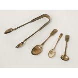 HM SILVER SUGAR TONGS WITH 3 SPOONS - 3 OZS APPROX