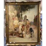 LARGE GILT FRAMED OIL ON CANVAS 'VILLAGE SCENE' - 90 X 70 CMS TO FRAME WHICH HAS SOME DAMAGE TO