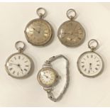 FOUR SILVER POCKET WATCHES & AN ENAMELLED SILVER WATCH