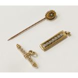 9CT GOLD DIAMOND PENDANTS & A 9CT GOLD TIE PIN - 4.3 GRAMS APPROX