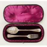 GEORGIAN H/M SILVER CHRISTENING FORK & SPOON SET - CASED 2 OZS APPROX