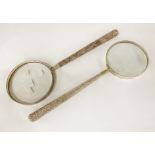 TWO LARGE MAGNIFYING GLASSES WITH SILVER HANDLES - 51 CMS (H) APPROX