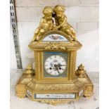 FRENCH HAND PAINTED MANTLE CLOCK WITH GILT CHERUBS A/F