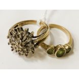 9CT GOLD DIAMOND CLUSTER RING WITH A 9CT GOLD PERIDOT RING