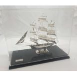 HAND MADE 950 SILVER SAILING BOAT IN DISPLAY CASE ''POURQUOI PAS'' - 18 CMS (H) EXCLUDING DISPLAY