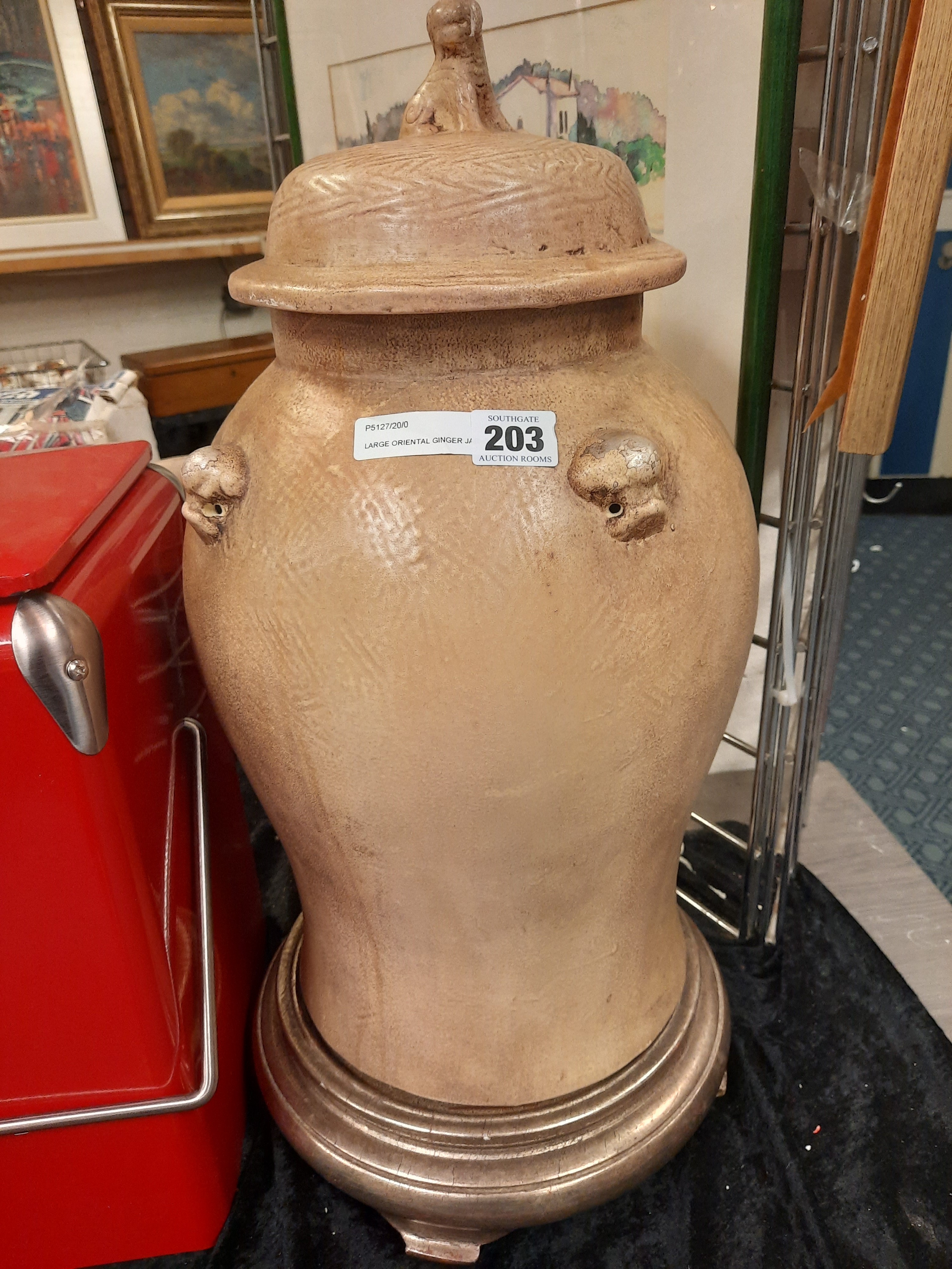 LARGE ORIENTAL GINGER JAR ON WOODEN BASE 47CMS (H) APPROX