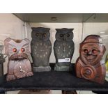 TWO GOOGLY EYED HAND CARVED CLOCKS WITH TWO NON WORKING HAND CARVED CLOCKS - 24.5 CMS (H)