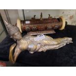 BRASS RECLINING THAI BUDDHA & AN ORIENTAL SCROLL HOLDER