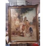 LARGE GILT FRAMED OIL ON CANVAS 'VILLAGE SCENE' - 90 X 70 CMS TO FRAME WHICH HAS SOME DAMAGE TO